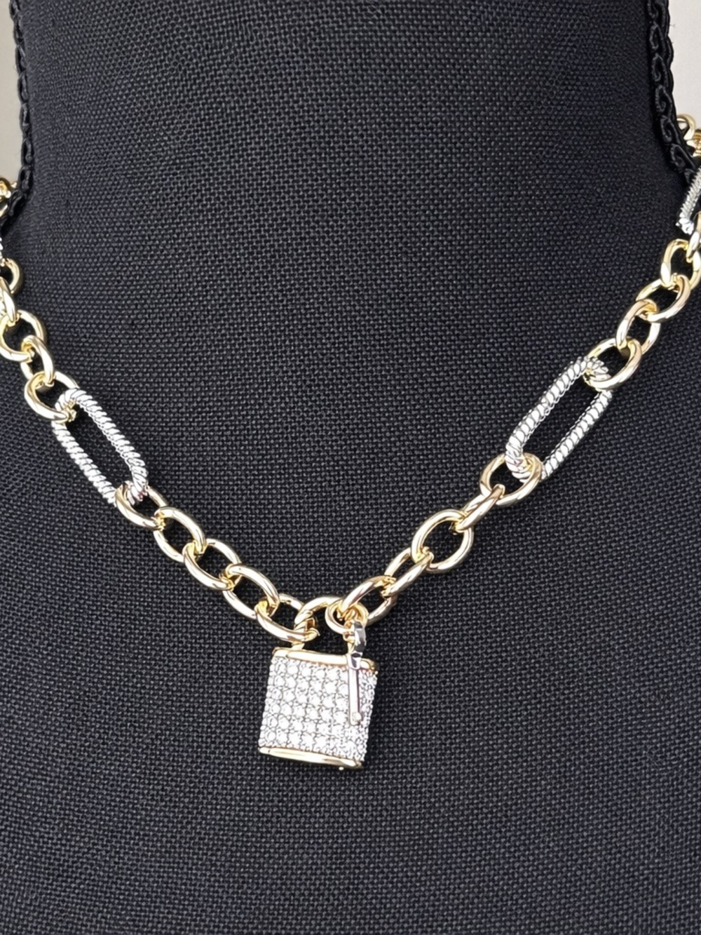Gold Silver Link Padlock Necklace CZ Lock Key Chunky Chain